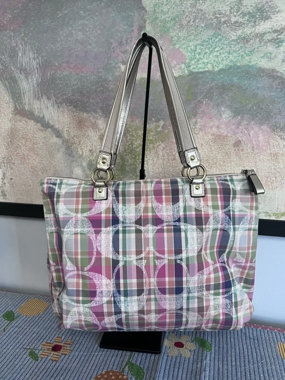 COACH POPPY BLUE GREEN PINK IVORY TARTAN PLAID LG TOTE SATCHEL HANDBAG - Picture 7 of 11